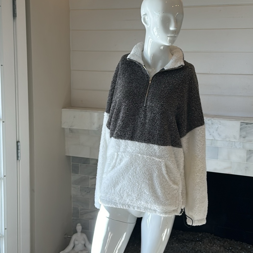 Merokeety Colorblock Charcoal & White Sherpa Quarter Zip Pullover Size Medium - Picture 5 of 13